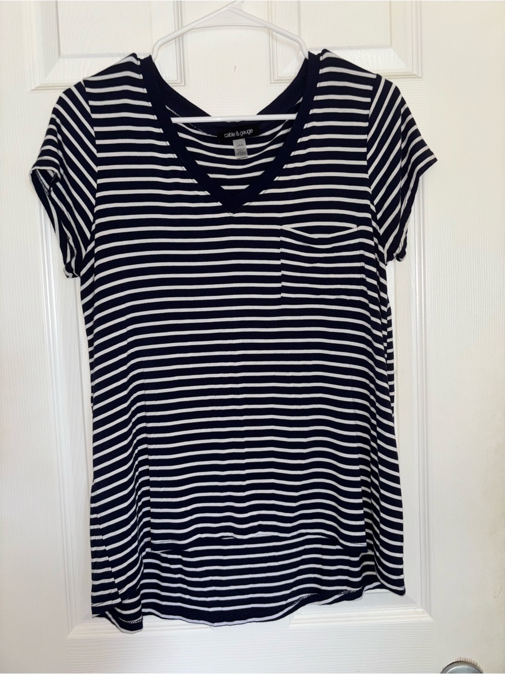 Cable & Gauge Navy and White Striped V-Neck Pocket Tee